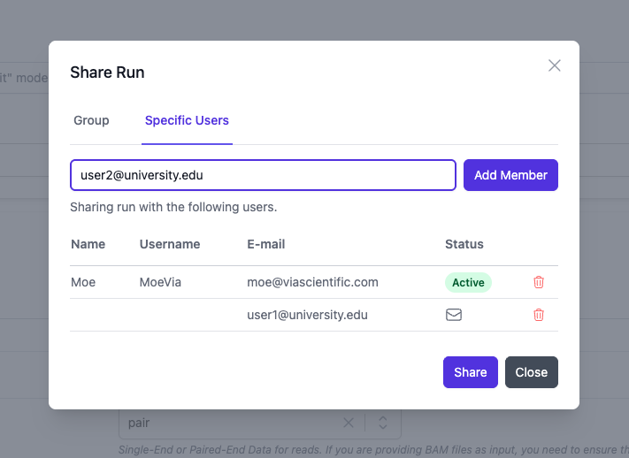 Share Run dialog in OSP Sharing (example)