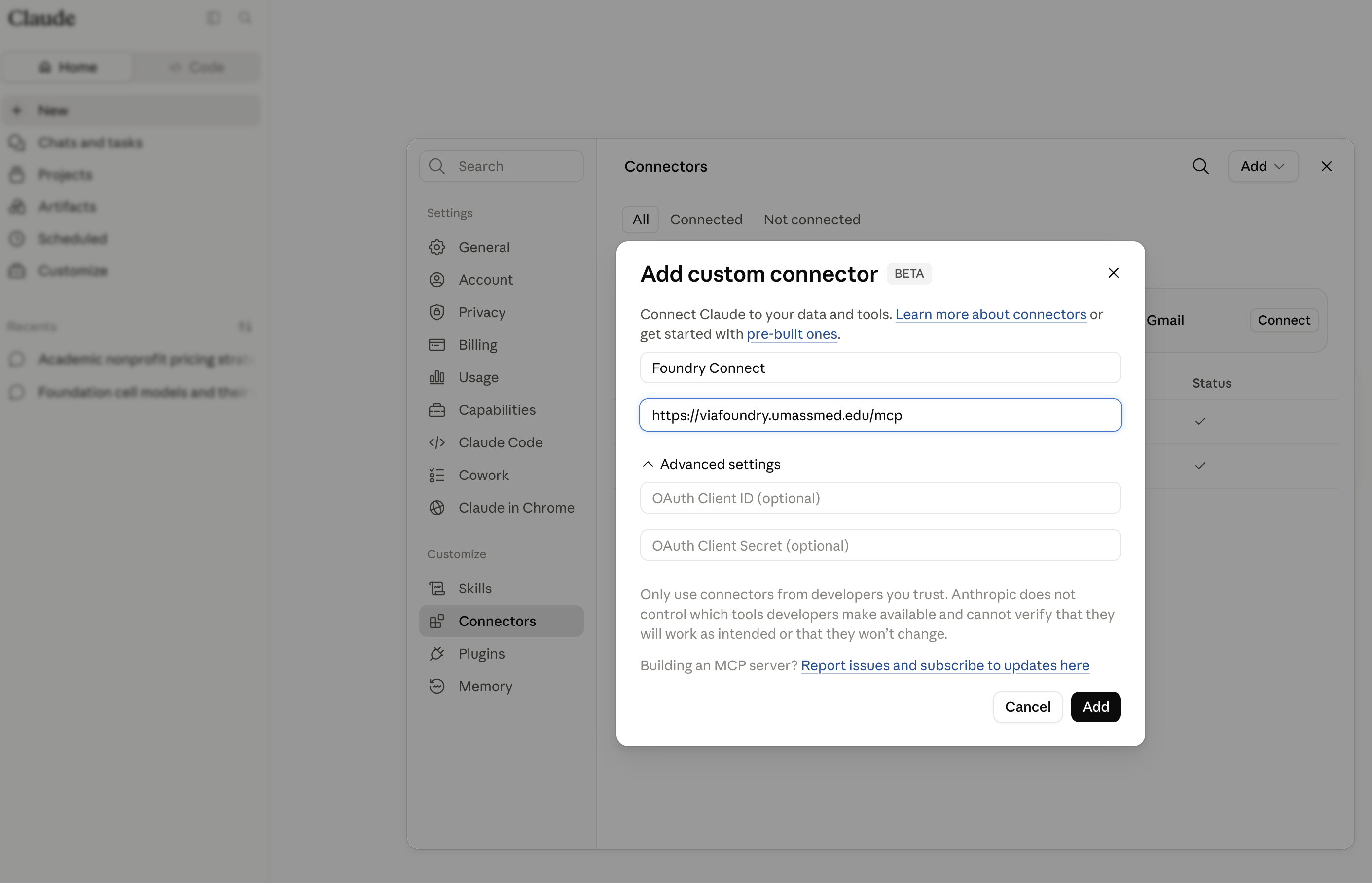 claude.ai "Add custom connector" dialog