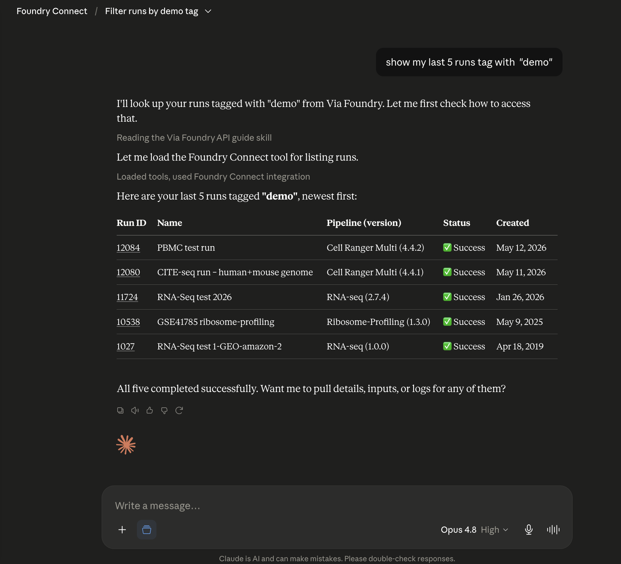 Claude listing recent Foundry Connect runs
