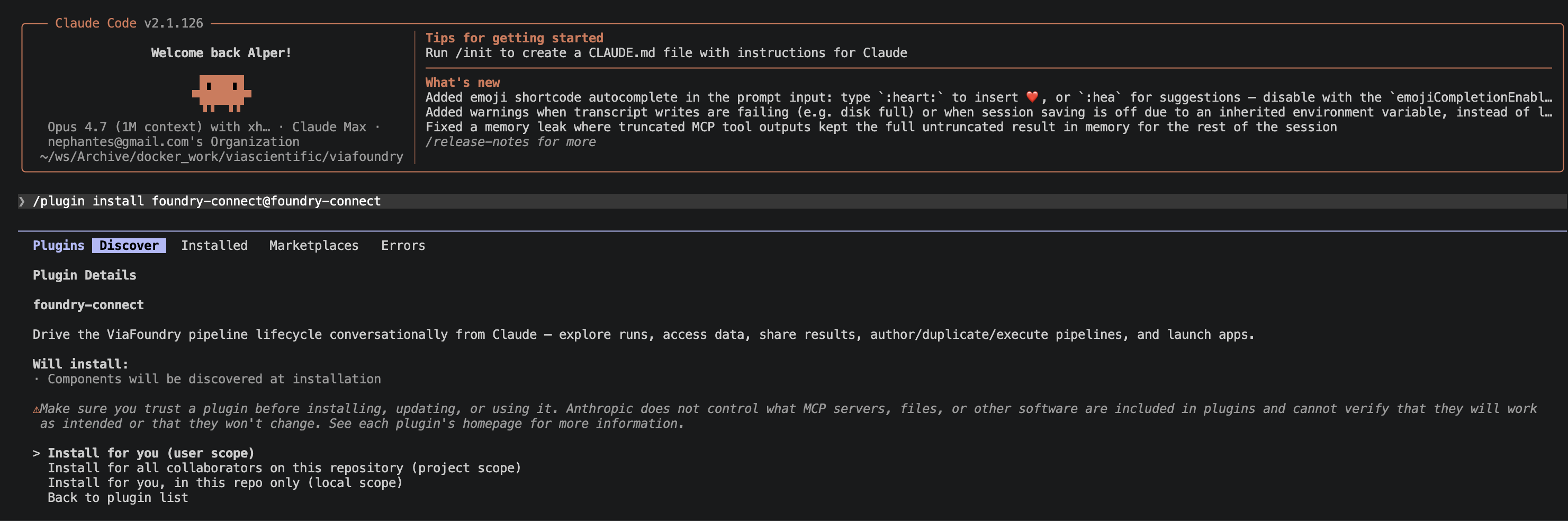 Installing the foundry-connect plugin in Claude Code