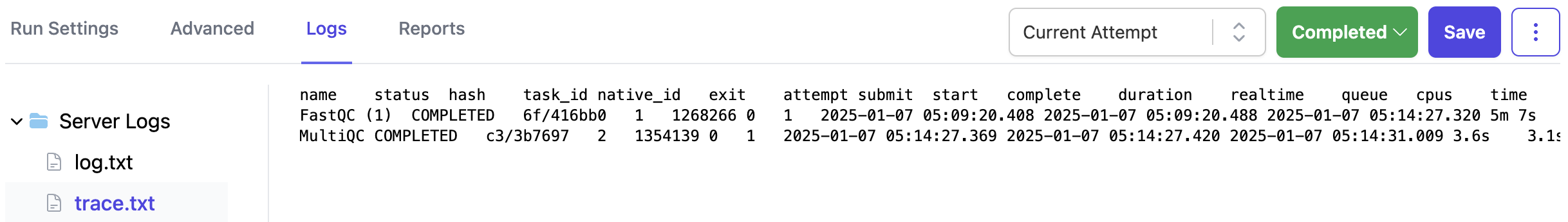Nextflow log