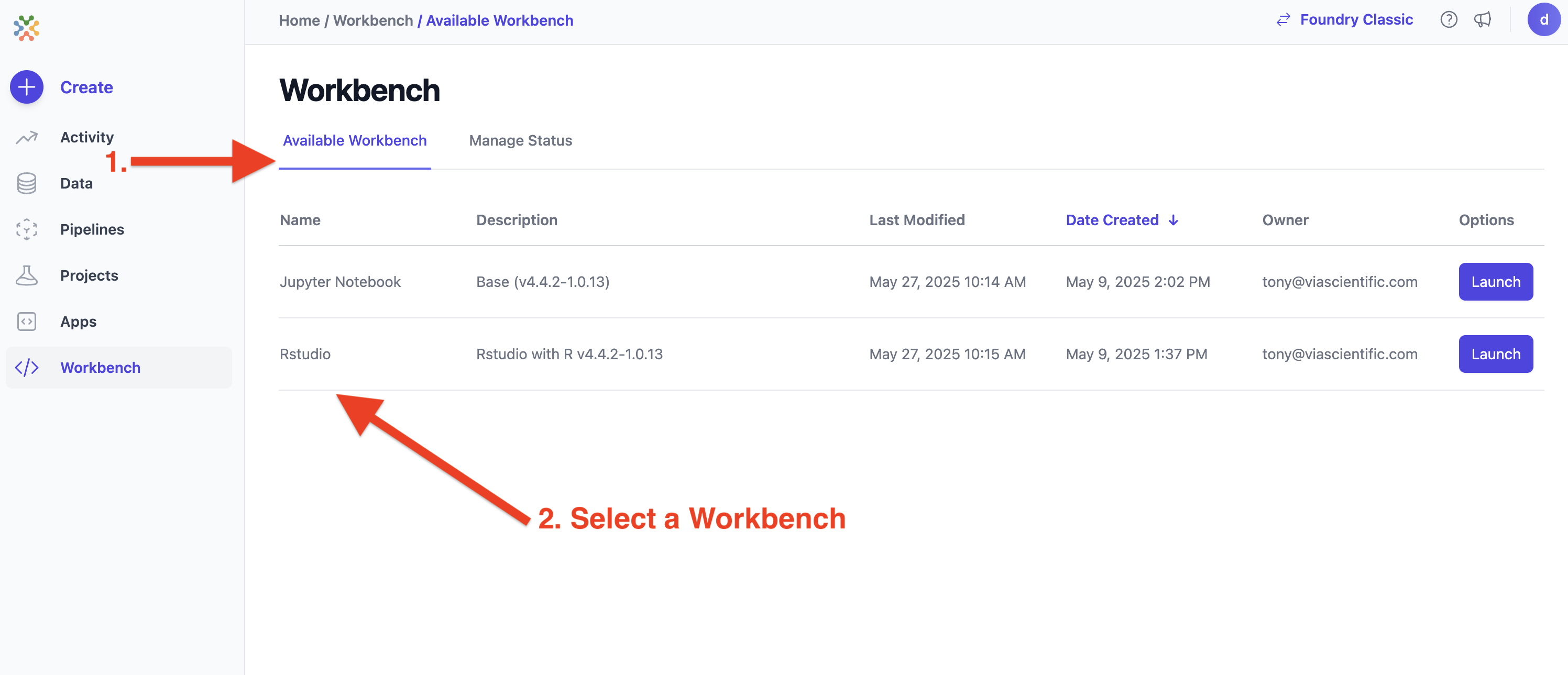 Workbench Template selection